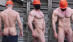 Muscle construction worker demonstrates his big dick behind an obstacle barn OnlyFans/WorldStudZ